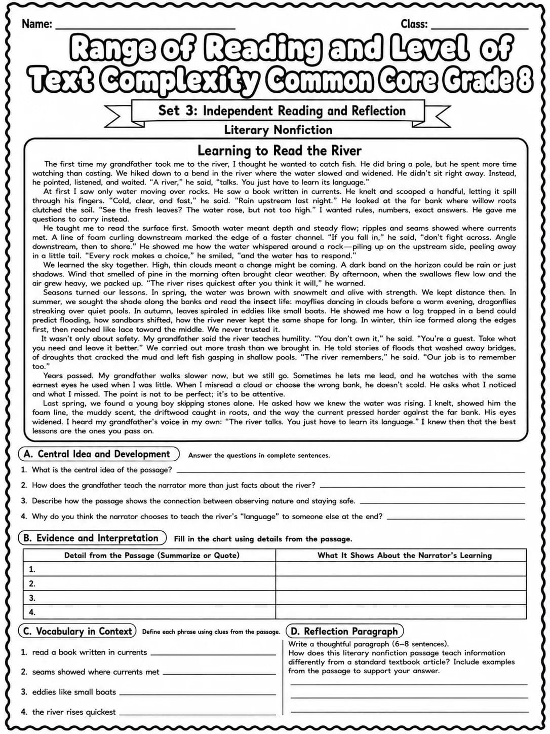 Range of Reading and Level of Text Complexity Common Core Grade 8 page 9 printable Common Core ELA worksheet preview