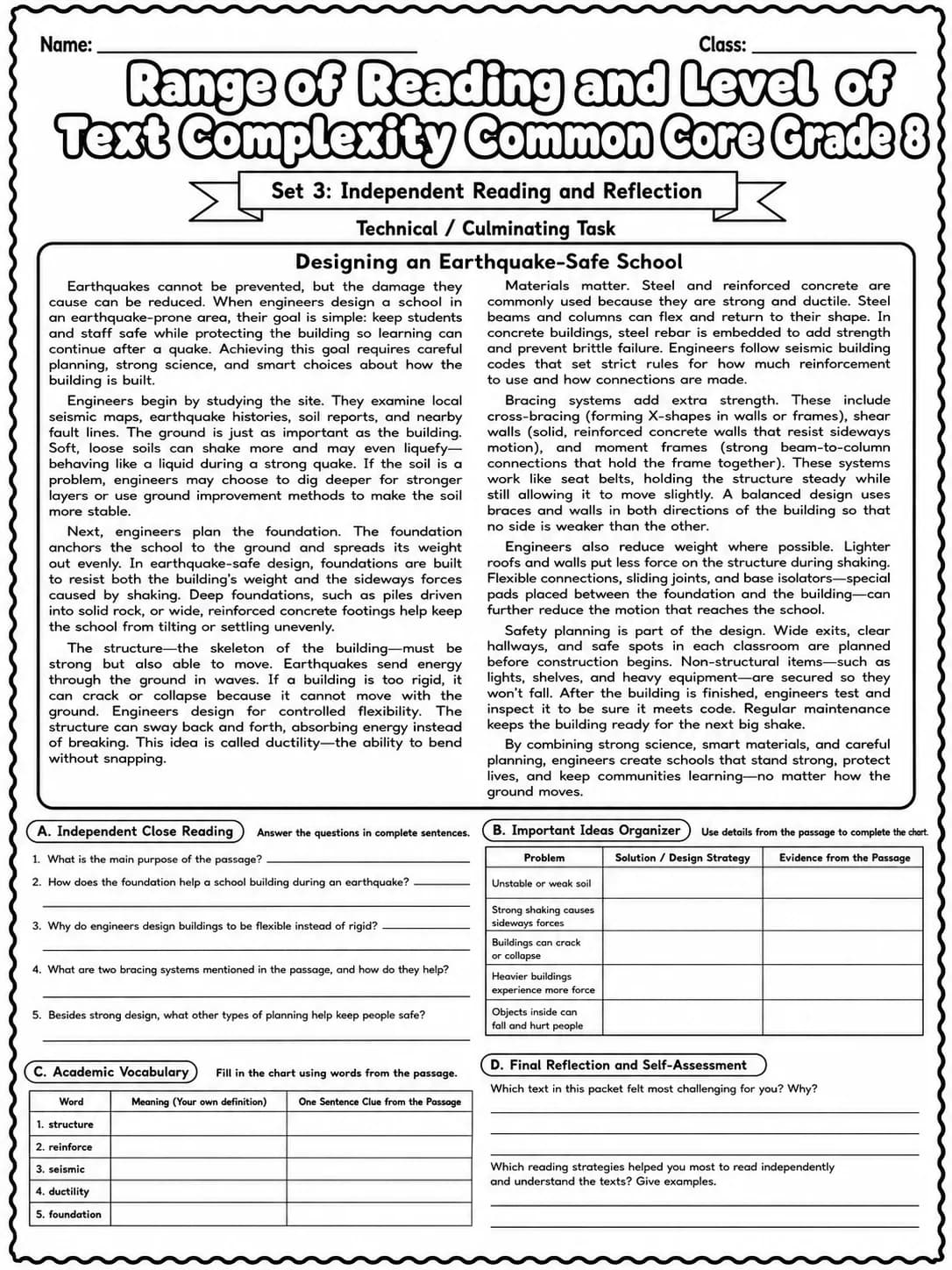 Range of Reading and Level of Text Complexity Common Core Grade 8 page 10 printable Common Core ELA worksheet preview