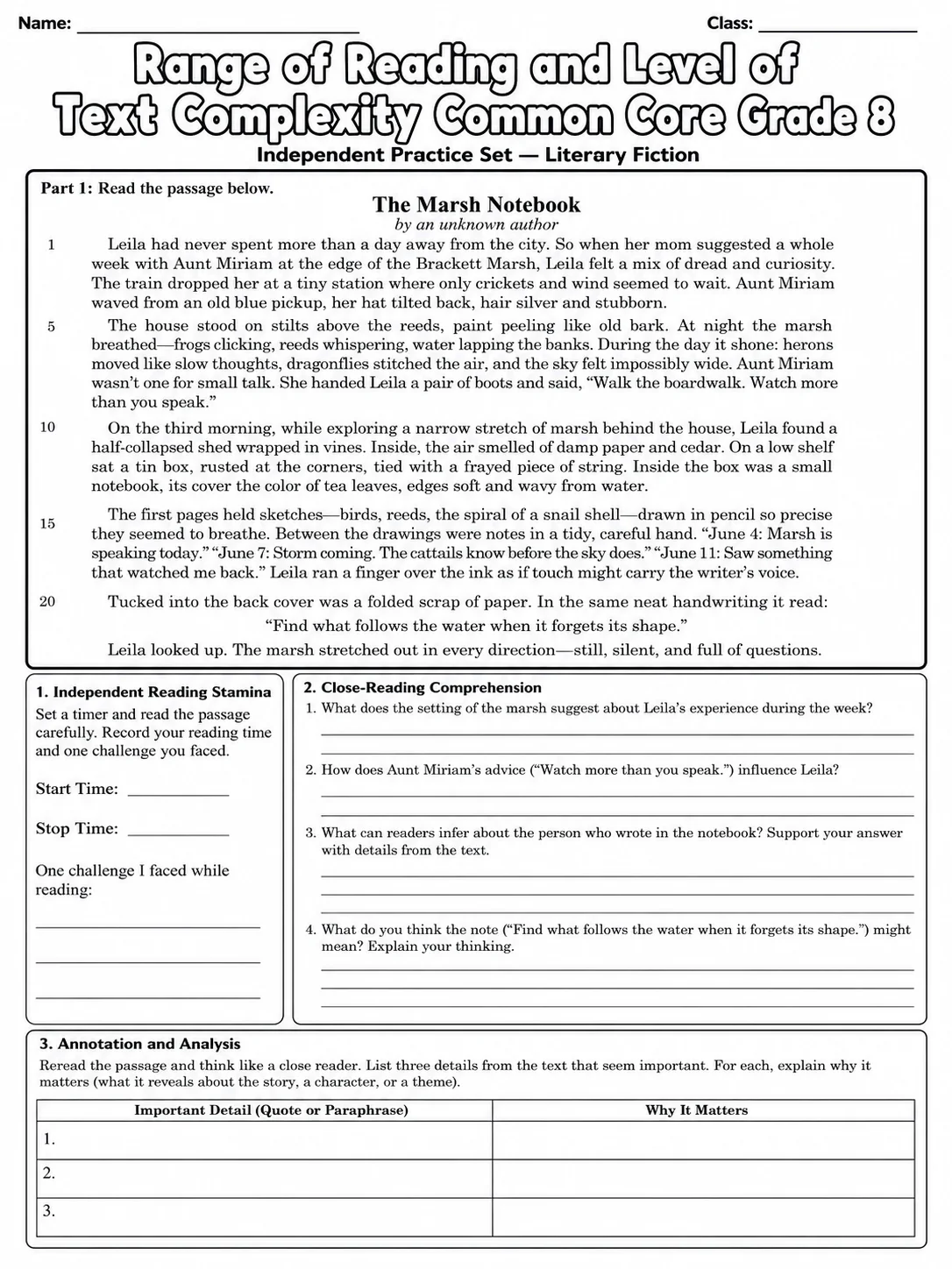 Range of Reading and Level of Text Complexity Common Core Grade 8 page 7 printable Common Core ELA worksheet preview