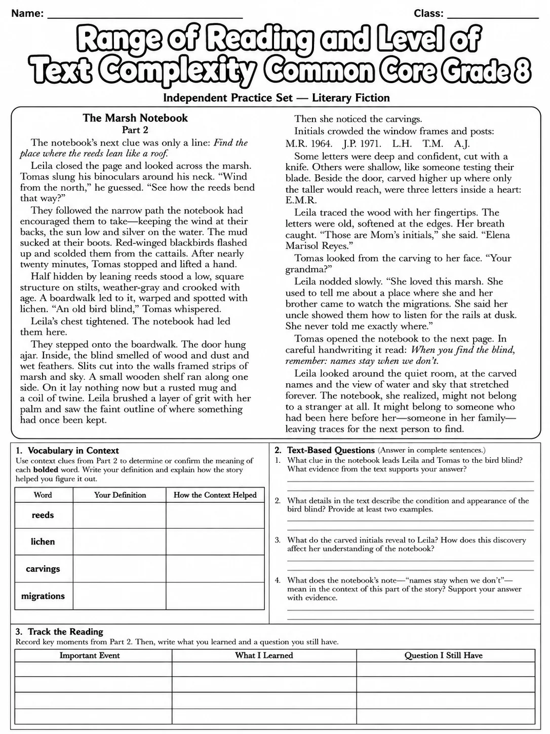 Range of Reading and Level of Text Complexity Common Core Grade 8 page 8 printable Common Core ELA worksheet preview
