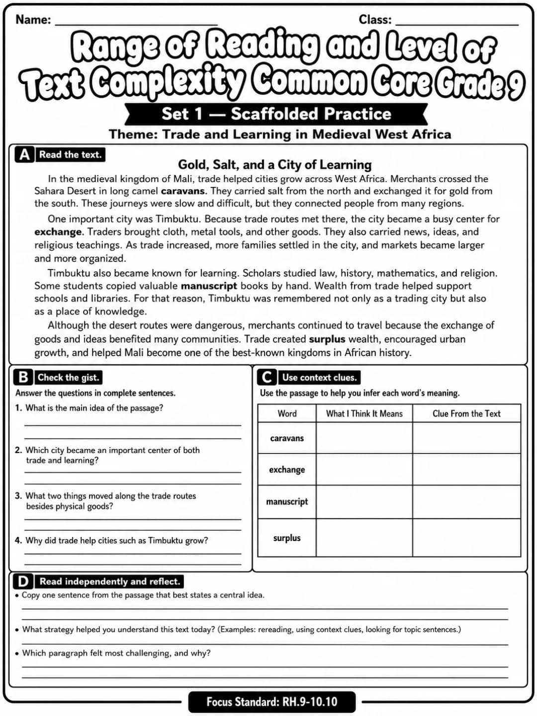 Range of Reading and Level of Text Complexity Common Core Grade 9 printable Common Core ELA Grade 9 worksheet preview from KiwiBee