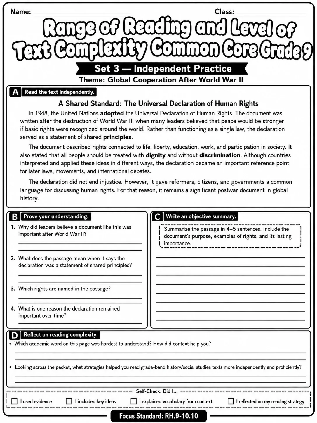 Range of Reading and Level of Text Complexity Common Core Grade 9 page 2 printable Common Core ELA worksheet preview