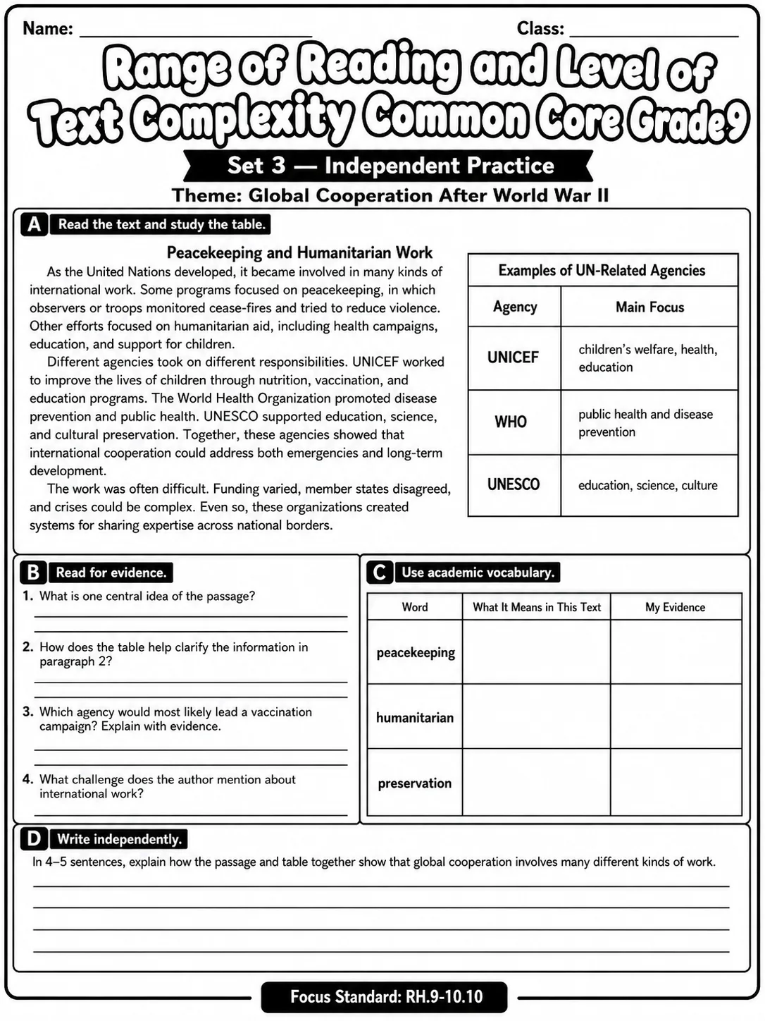 Range of Reading and Level of Text Complexity Common Core Grade 9 page 3 printable Common Core ELA worksheet preview