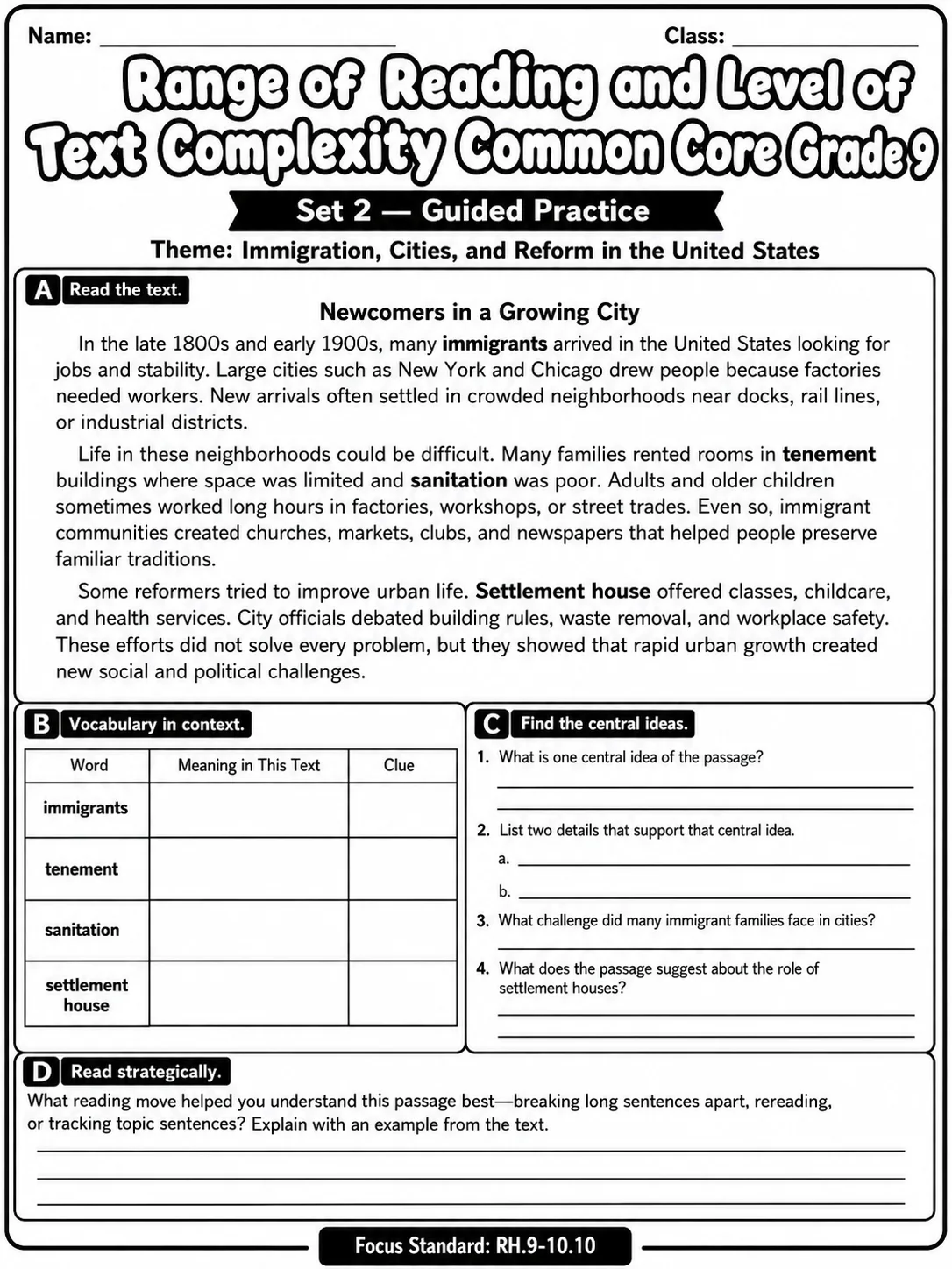 Range of Reading and Level of Text Complexity Common Core Grade 9 page 4 printable Common Core ELA worksheet preview