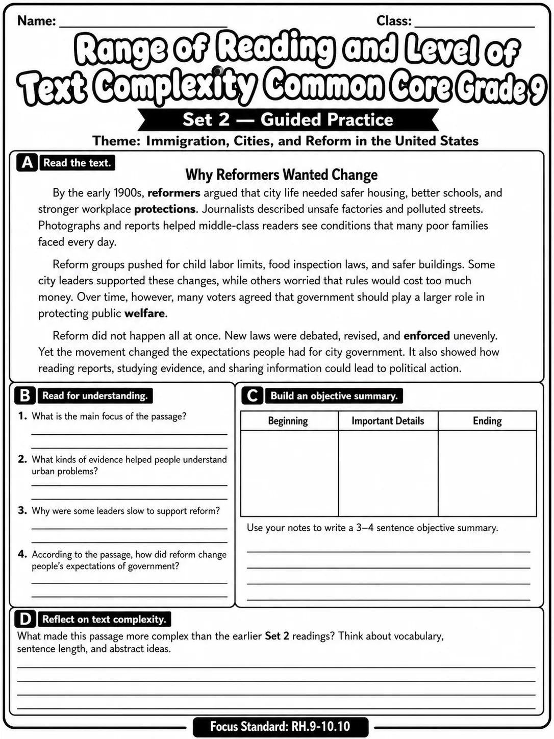 Range of Reading and Level of Text Complexity Common Core Grade 9 page 6 printable Common Core ELA worksheet preview