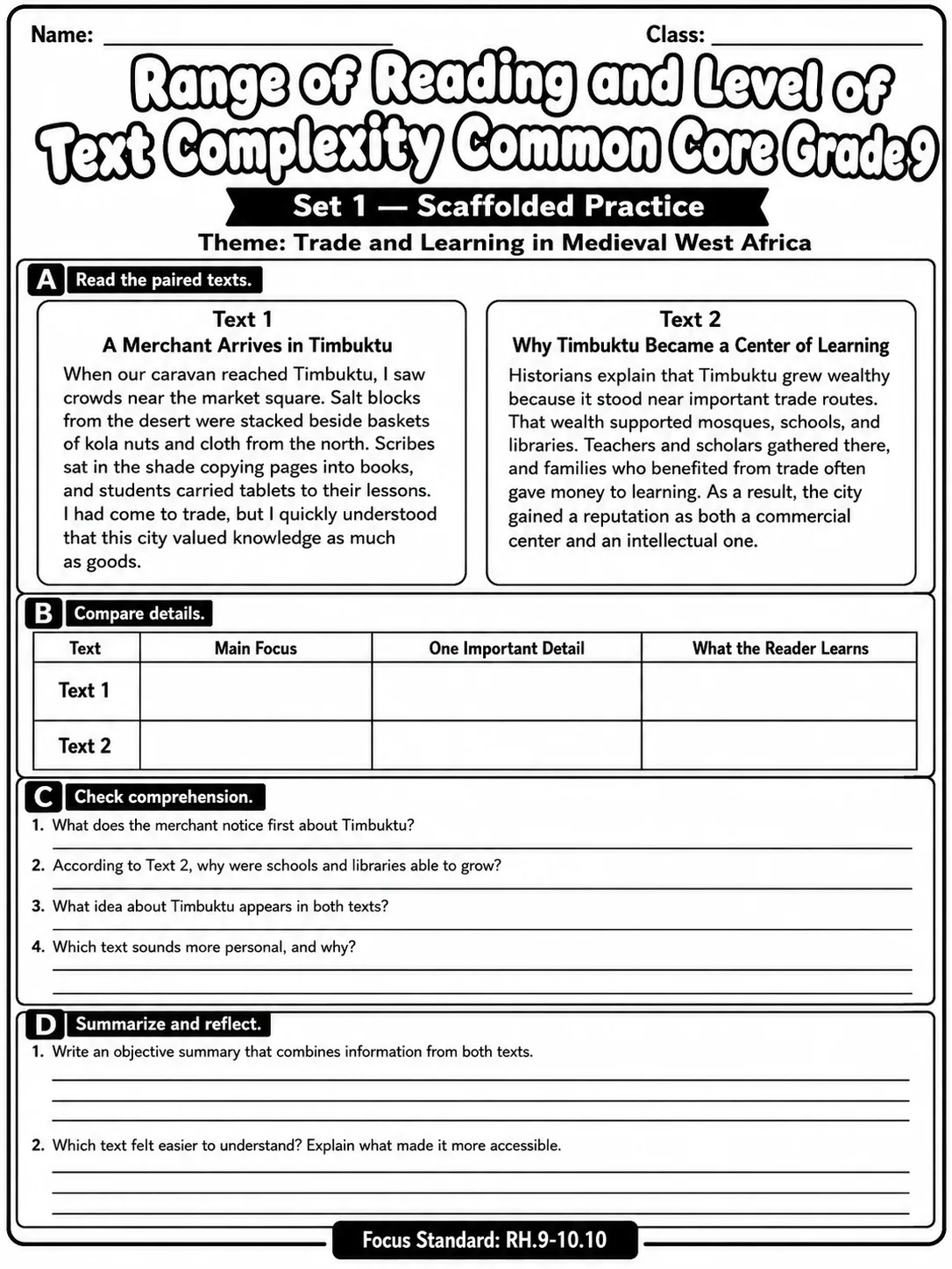 Range of Reading and Level of Text Complexity Common Core Grade 9 page 8 printable Common Core ELA worksheet preview
