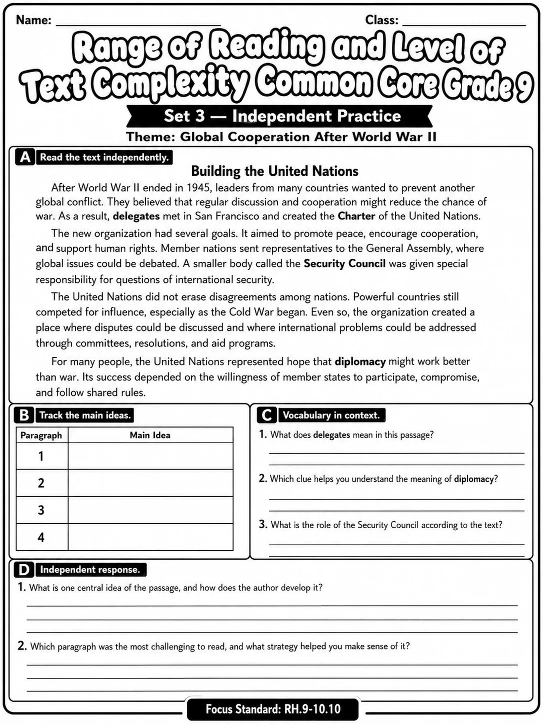Range of Reading and Level of Text Complexity Common Core Grade 9 page 9 printable Common Core ELA worksheet preview