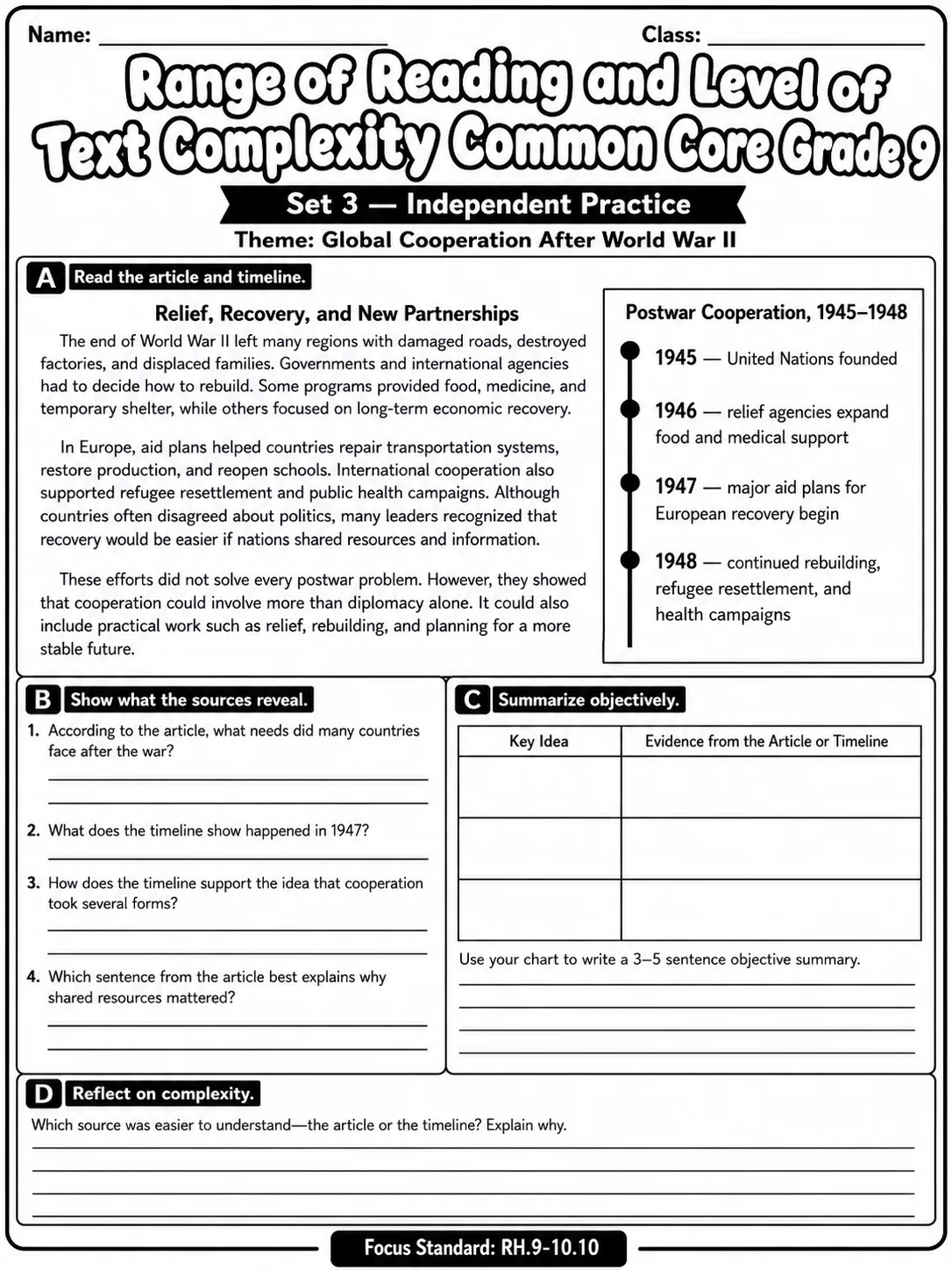 Range of Reading and Level of Text Complexity Common Core Grade 9 page 10 printable Common Core ELA worksheet preview