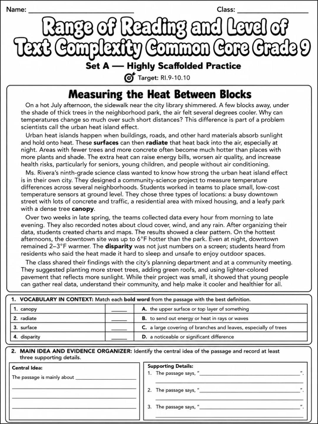 Range of Reading and Level of Text Complexity Common Core Grade 9 printable Common Core ELA Grade 9 worksheet preview from KiwiBee