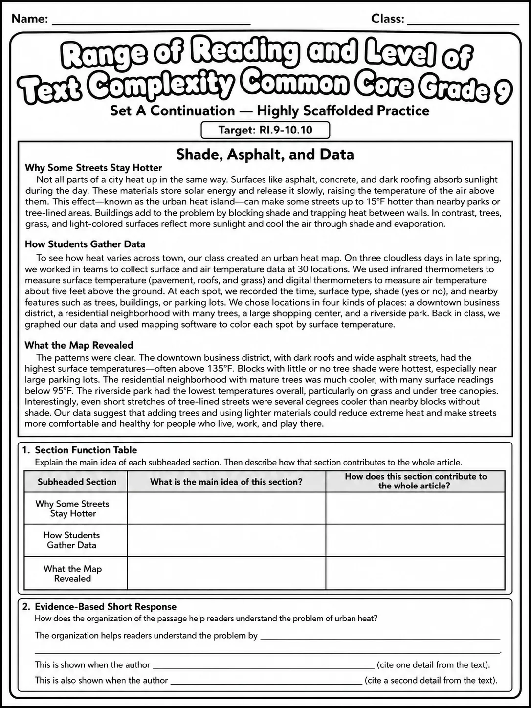 Range of Reading and Level of Text Complexity Common Core Grade 9 page 2 printable Common Core ELA worksheet preview