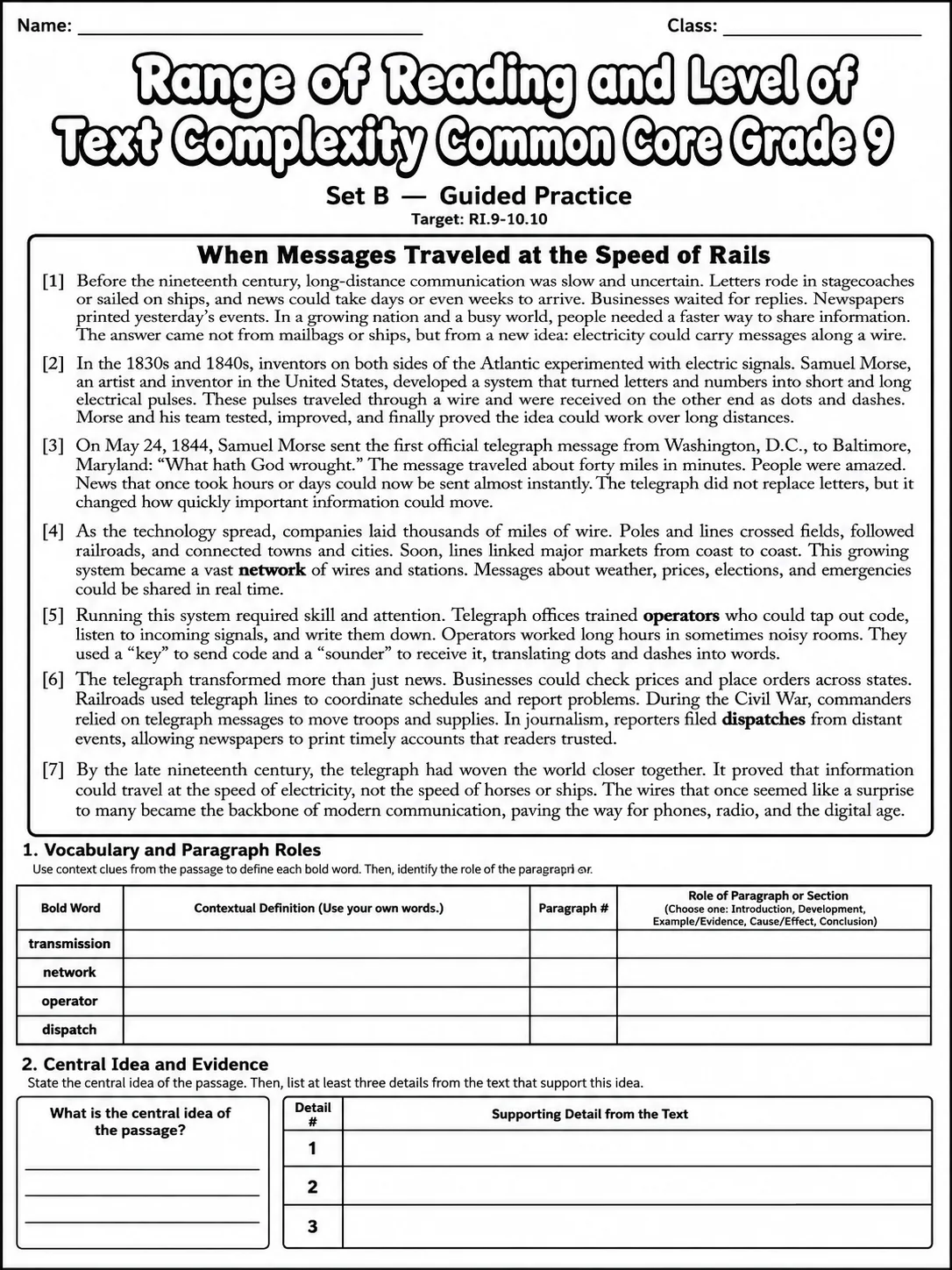 Range of Reading and Level of Text Complexity Common Core Grade 9 page 4 printable Common Core ELA worksheet preview