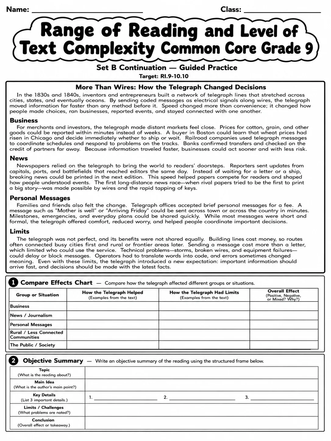 Range of Reading and Level of Text Complexity Common Core Grade 9 page 5 printable Common Core ELA worksheet preview