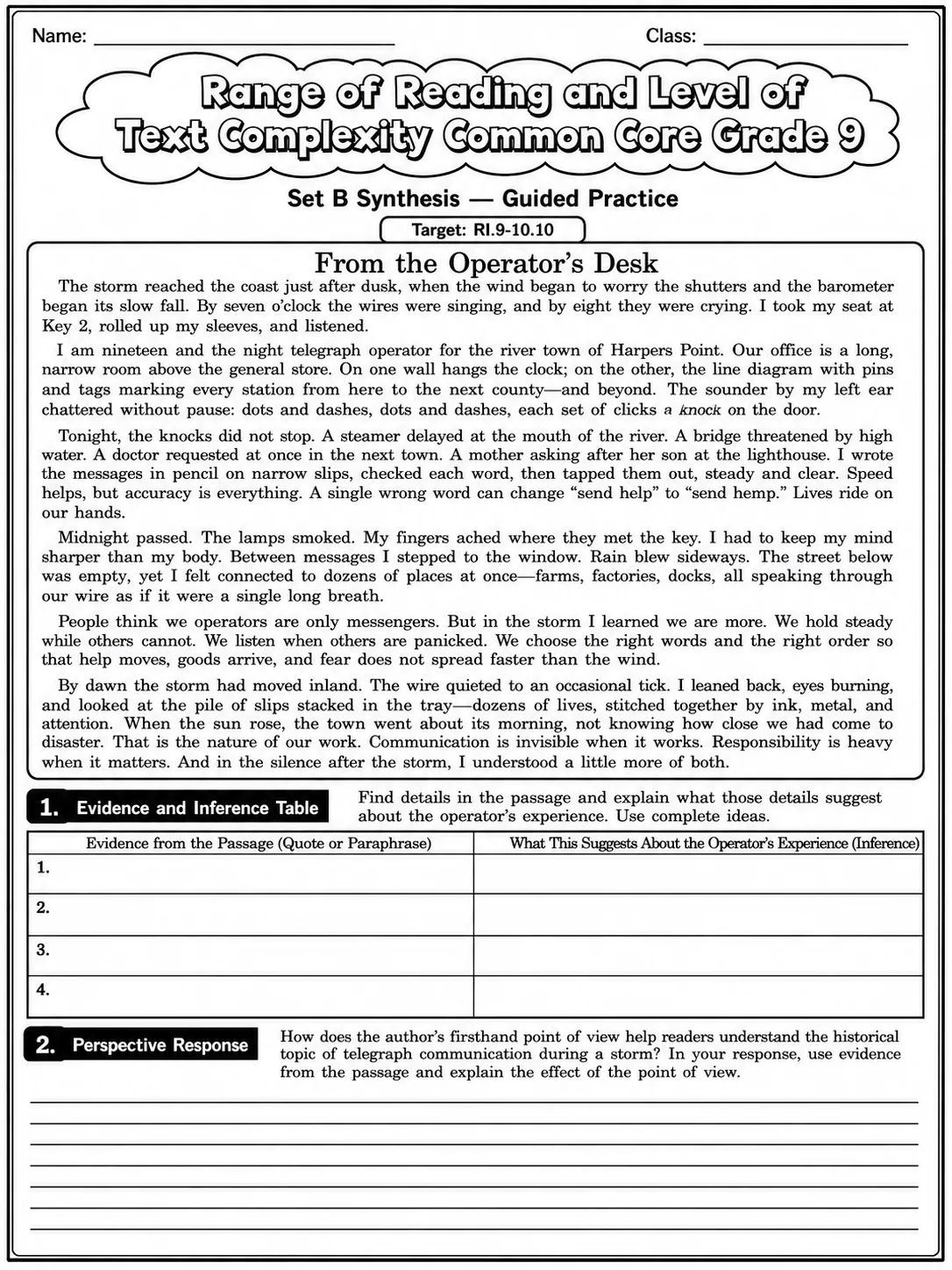 Range of Reading and Level of Text Complexity Common Core Grade 9 page 6 printable Common Core ELA worksheet preview