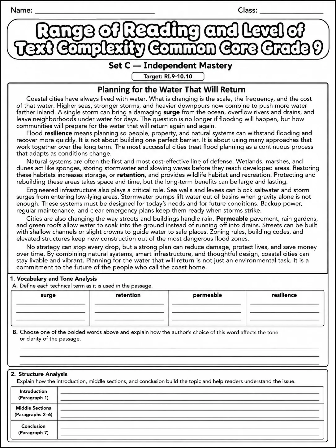 Range of Reading and Level of Text Complexity Common Core Grade 9 page 7 printable Common Core ELA worksheet preview