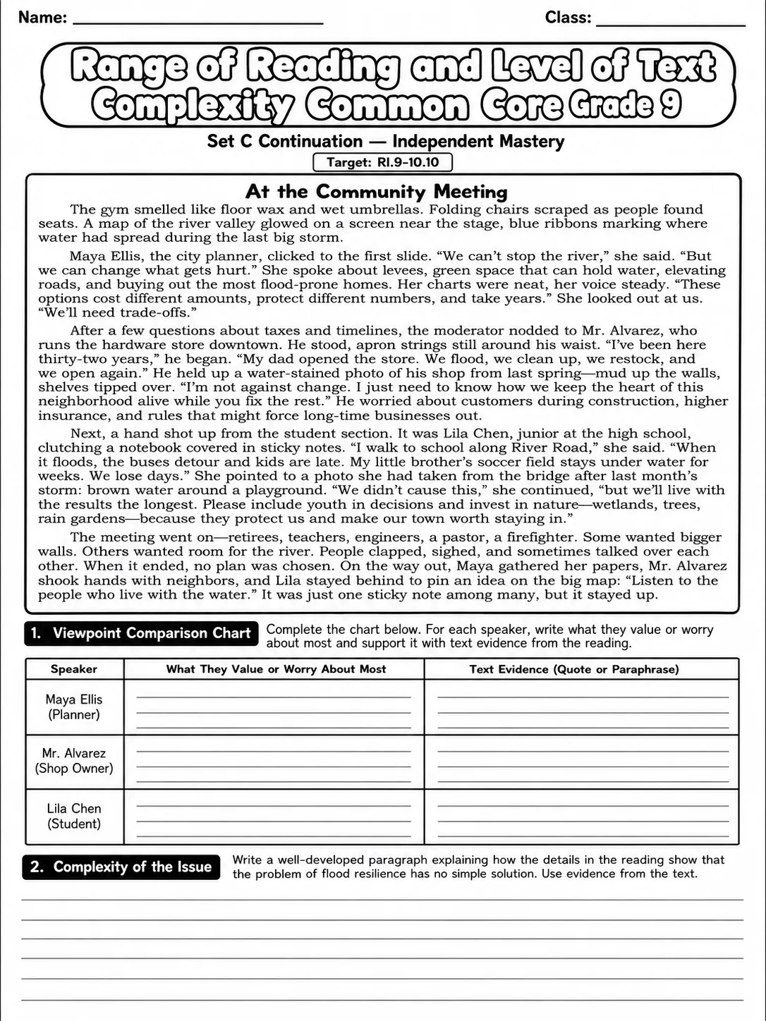 Range of Reading and Level of Text Complexity Common Core Grade 9 page 9 printable Common Core ELA worksheet preview