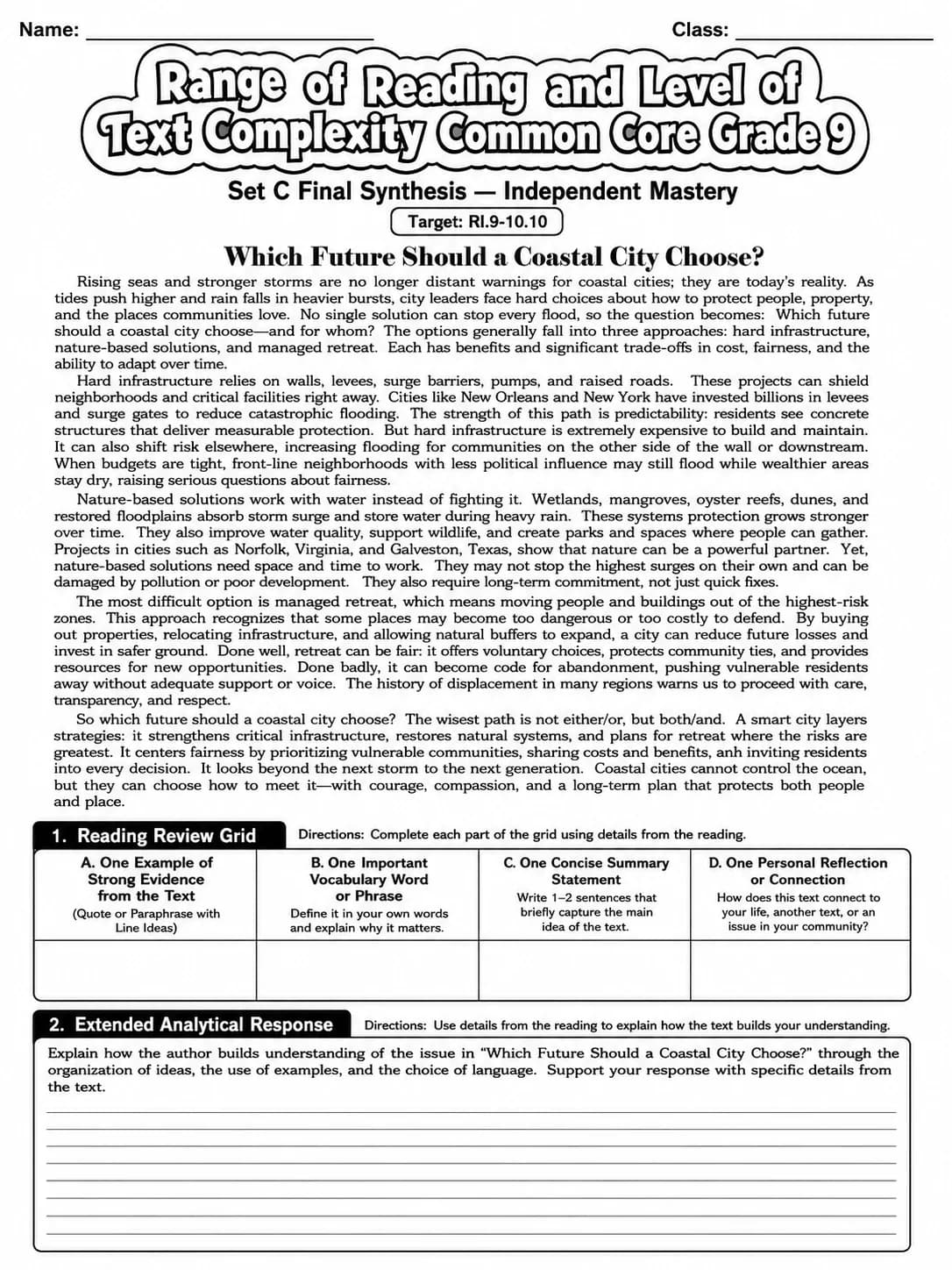 Range of Reading and Level of Text Complexity Common Core Grade 9 page 10 printable Common Core ELA worksheet preview
