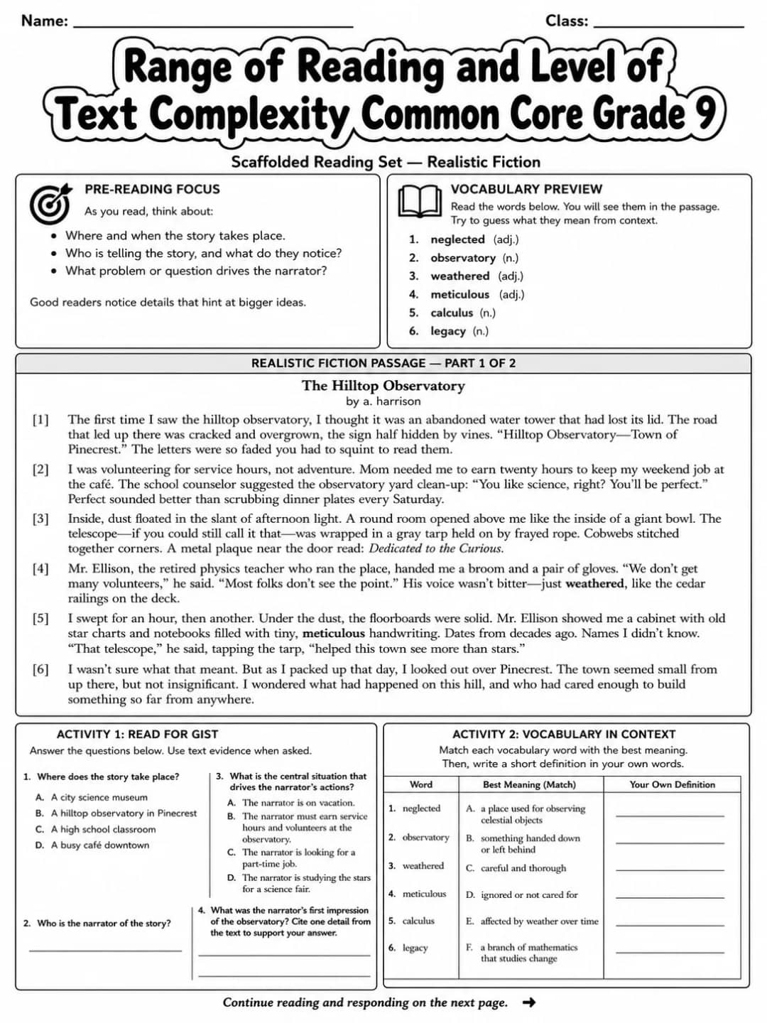Range of Reading and Level of Text Complexity Common Core Grade 9 printable Common Core ELA Grade 9 worksheet preview from KiwiBee