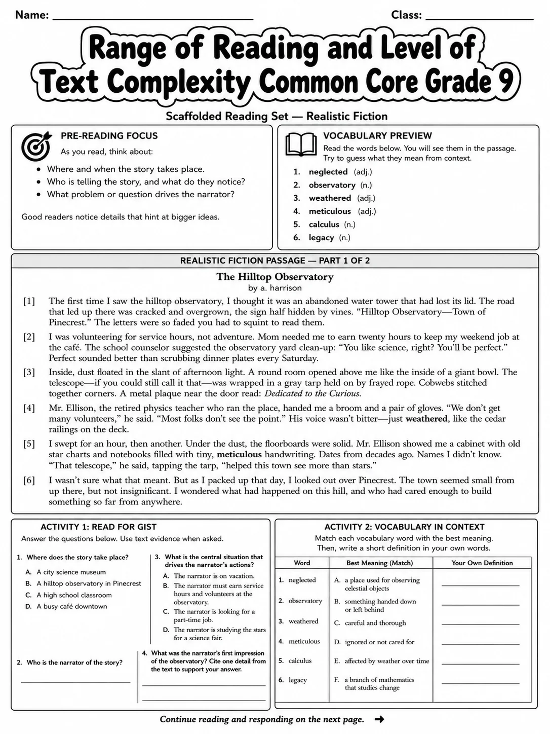 Range of Reading and Level of Text Complexity Common Core Grade 9
