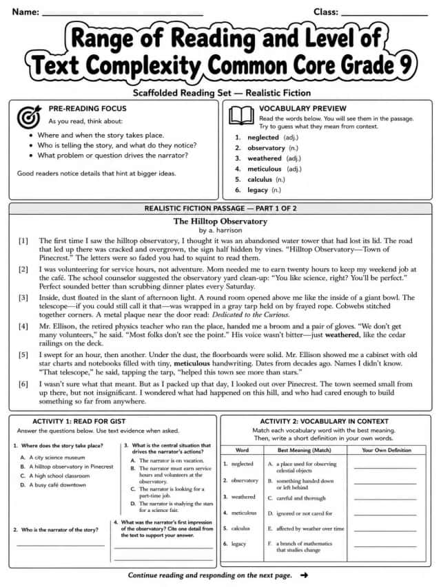 Range of Reading and Level of Text Complexity Common Core Grade 9