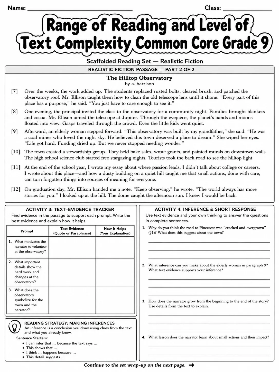 Range of Reading and Level of Text Complexity Common Core Grade 9 page 2 printable Common Core ELA worksheet preview