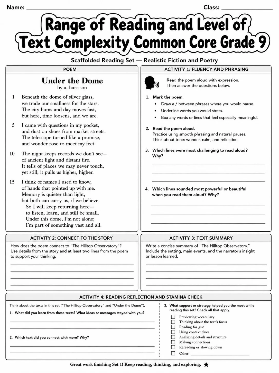 Range of Reading and Level of Text Complexity Common Core Grade 9 page 3 printable Common Core ELA worksheet preview