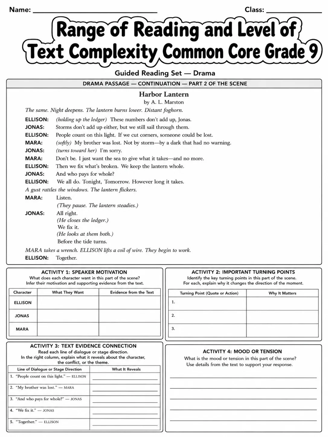 Range of Reading and Level of Text Complexity Common Core Grade 9 page 5 printable Common Core ELA worksheet preview