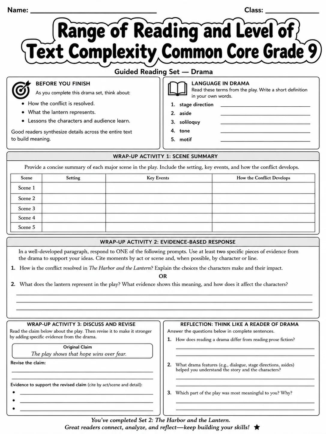 Range of Reading and Level of Text Complexity Common Core Grade 9 page 6 printable Common Core ELA worksheet preview