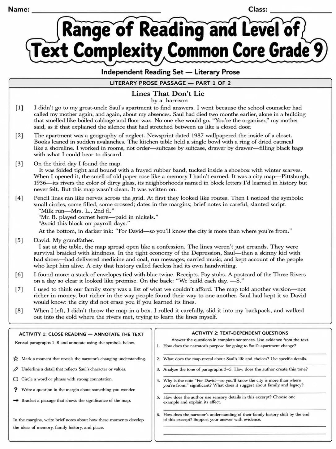 Range of Reading and Level of Text Complexity Common Core Grade 9 page 7 printable Common Core ELA worksheet preview