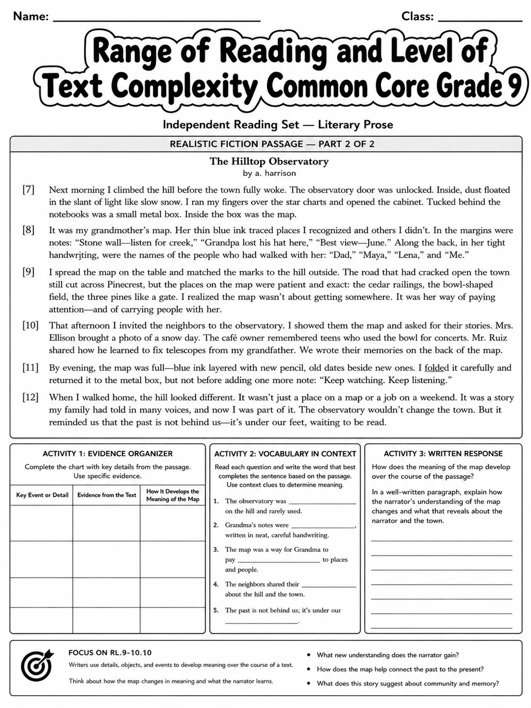 Range of Reading and Level of Text Complexity Common Core Grade 9 page 8 printable Common Core ELA worksheet preview
