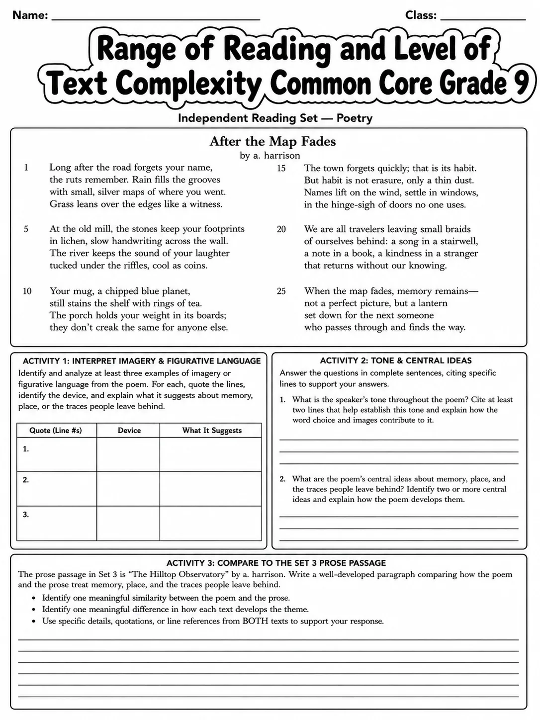 Range of Reading and Level of Text Complexity Common Core Grade 9 page 9 printable Common Core ELA worksheet preview