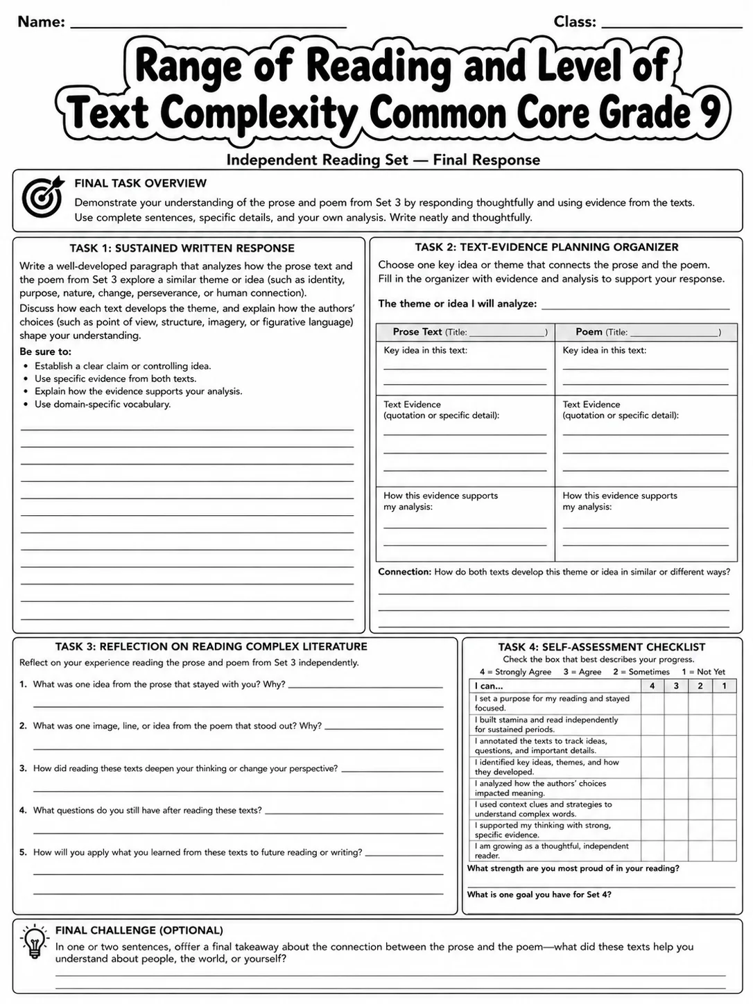 Range of Reading and Level of Text Complexity Common Core Grade 9 page 10 printable Common Core ELA worksheet preview