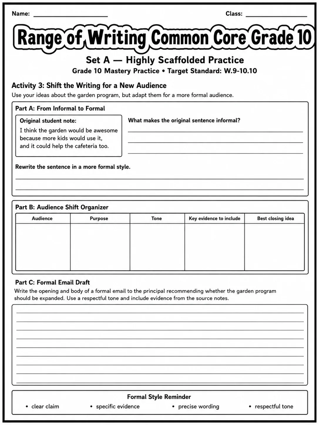 Range of Writing Common Core Grade 10 page 2 printable Common Core ELA worksheet preview
