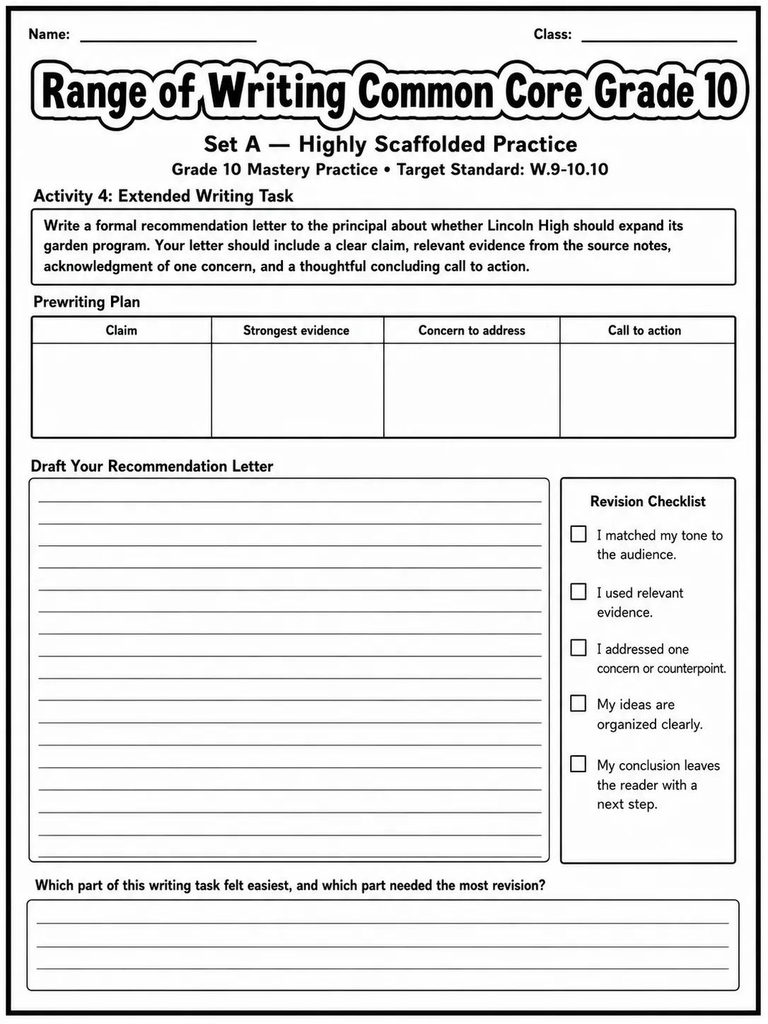 Range of Writing Common Core Grade 10 page 3 printable Common Core ELA worksheet preview