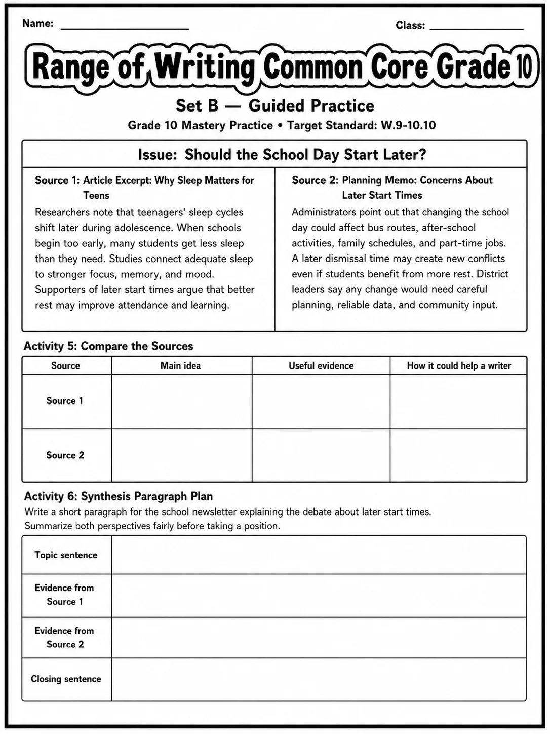 Range of Writing Common Core Grade 10 page 4 printable Common Core ELA worksheet preview