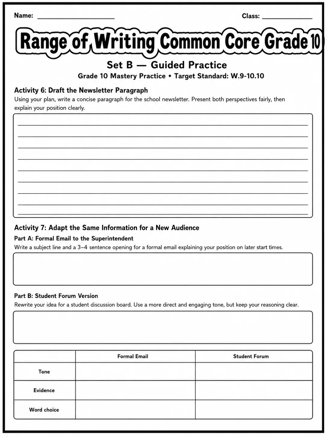 Range of Writing Common Core Grade 10 page 5 printable Common Core ELA worksheet preview
