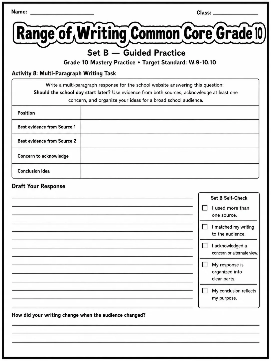 Range of Writing Common Core Grade 10 page 6 printable Common Core ELA worksheet preview