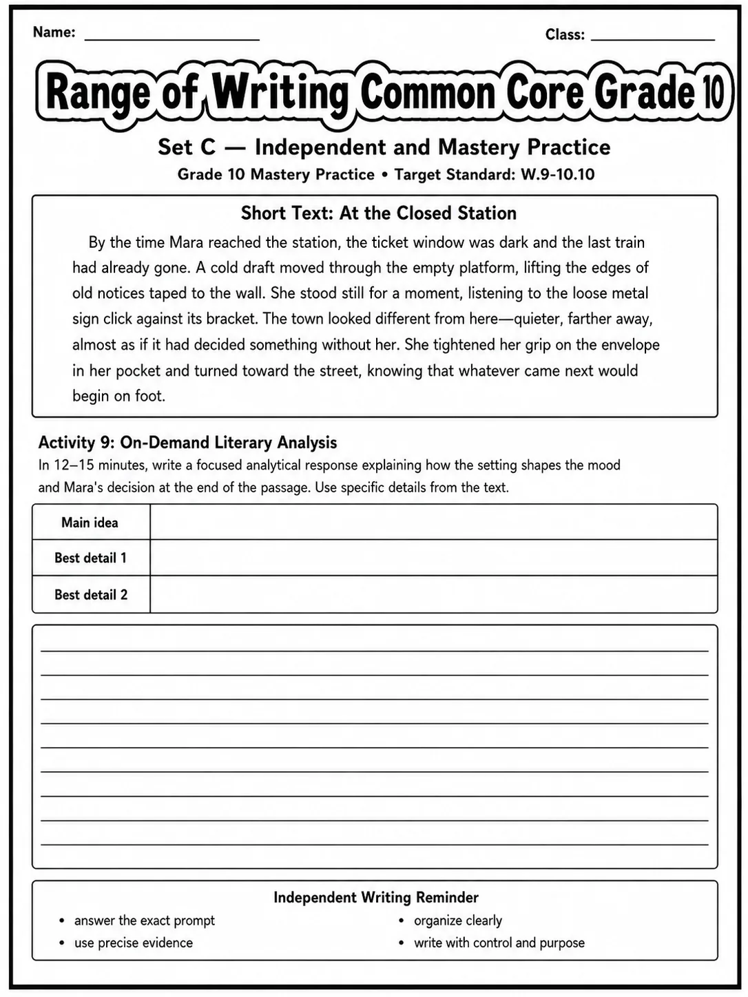Range of Writing Common Core Grade 10 page 7 printable Common Core ELA worksheet preview