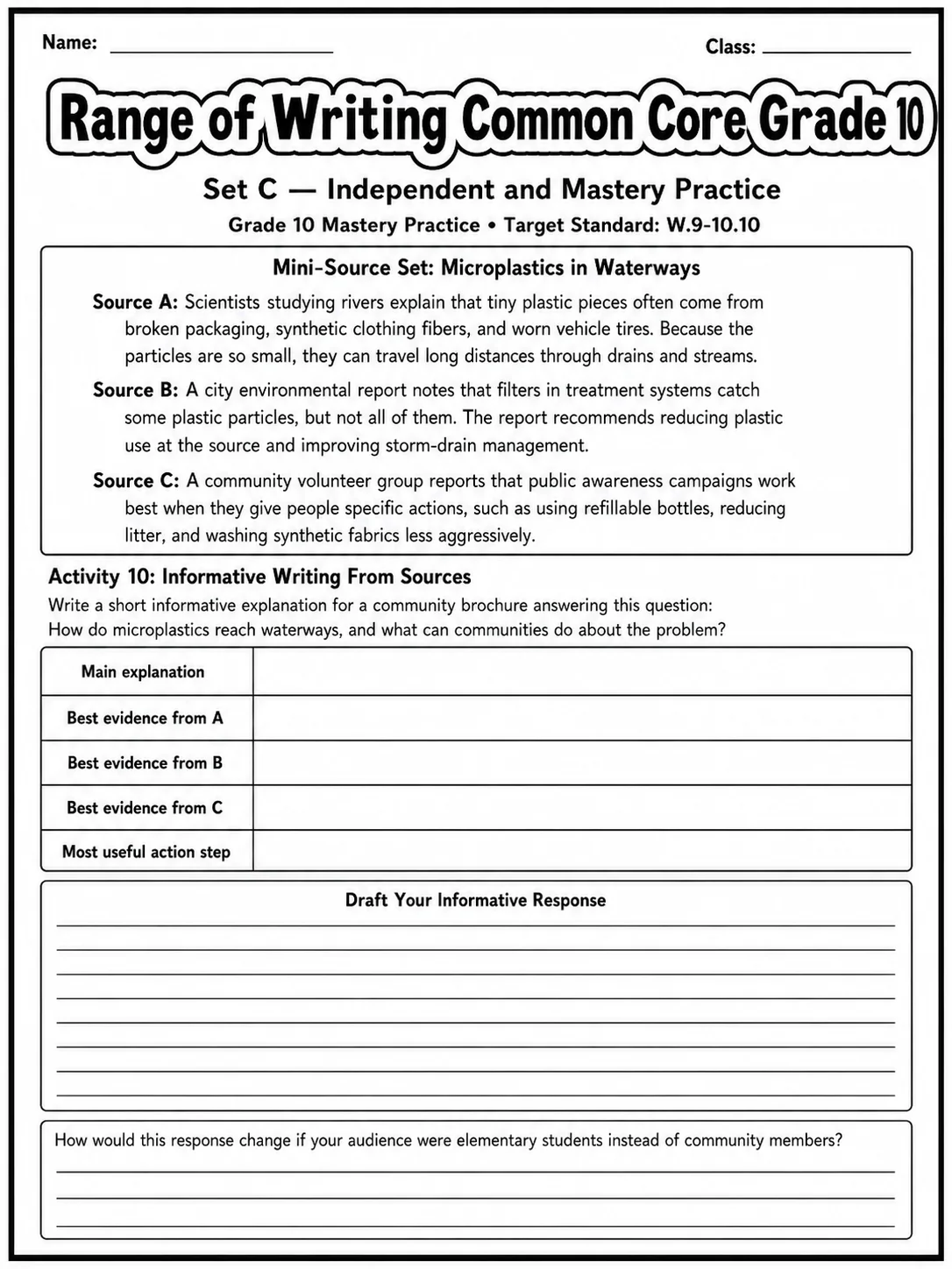 Range of Writing Common Core Grade 10 page 8 printable Common Core ELA worksheet preview