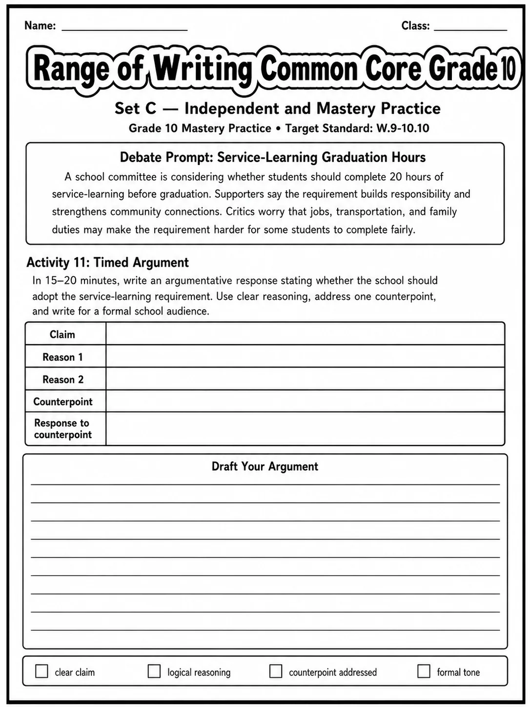 Range of Writing Common Core Grade 10 page 9 printable Common Core ELA worksheet preview