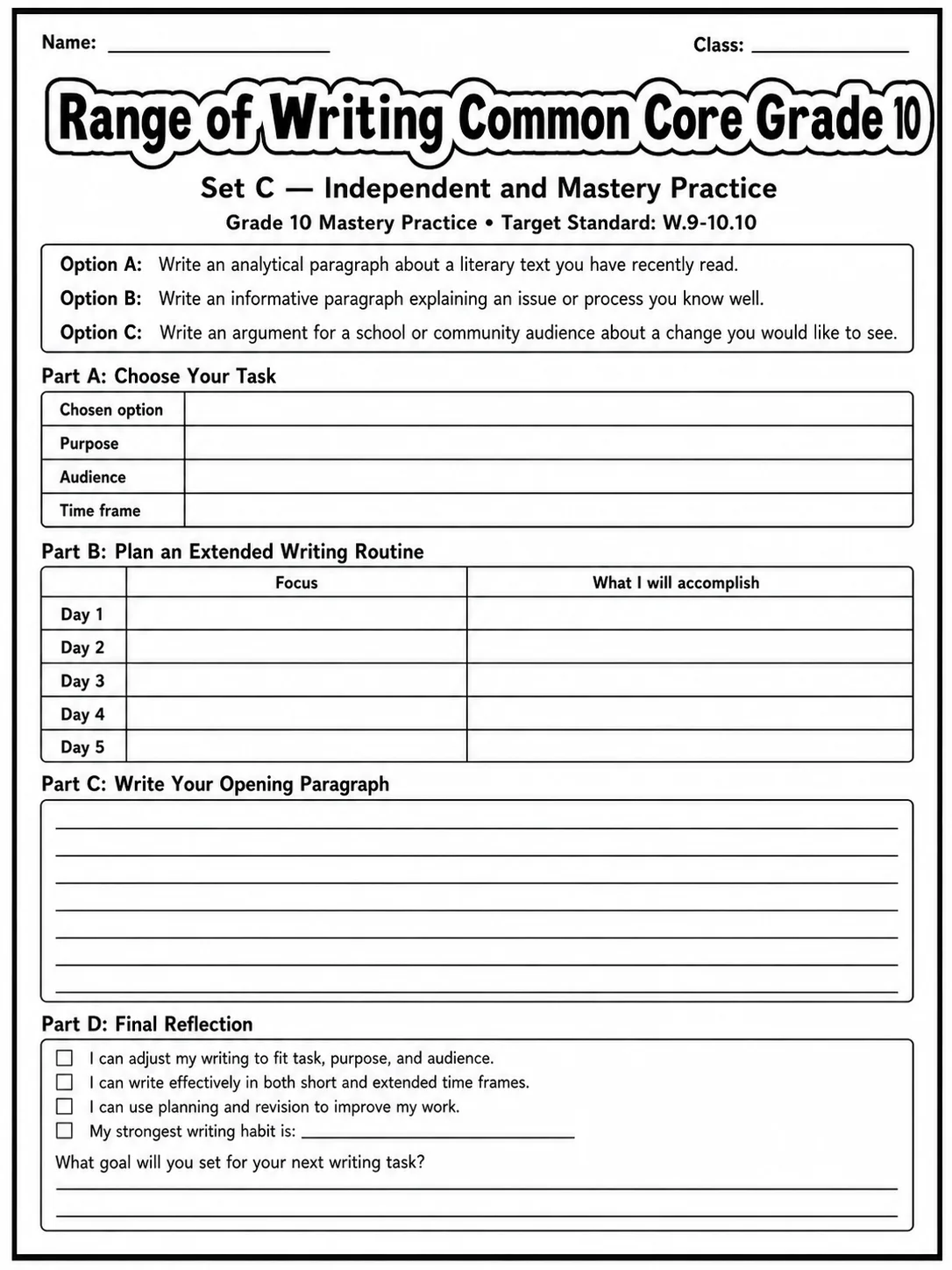 Range of Writing Common Core Grade 10 page 10 printable Common Core ELA worksheet preview
