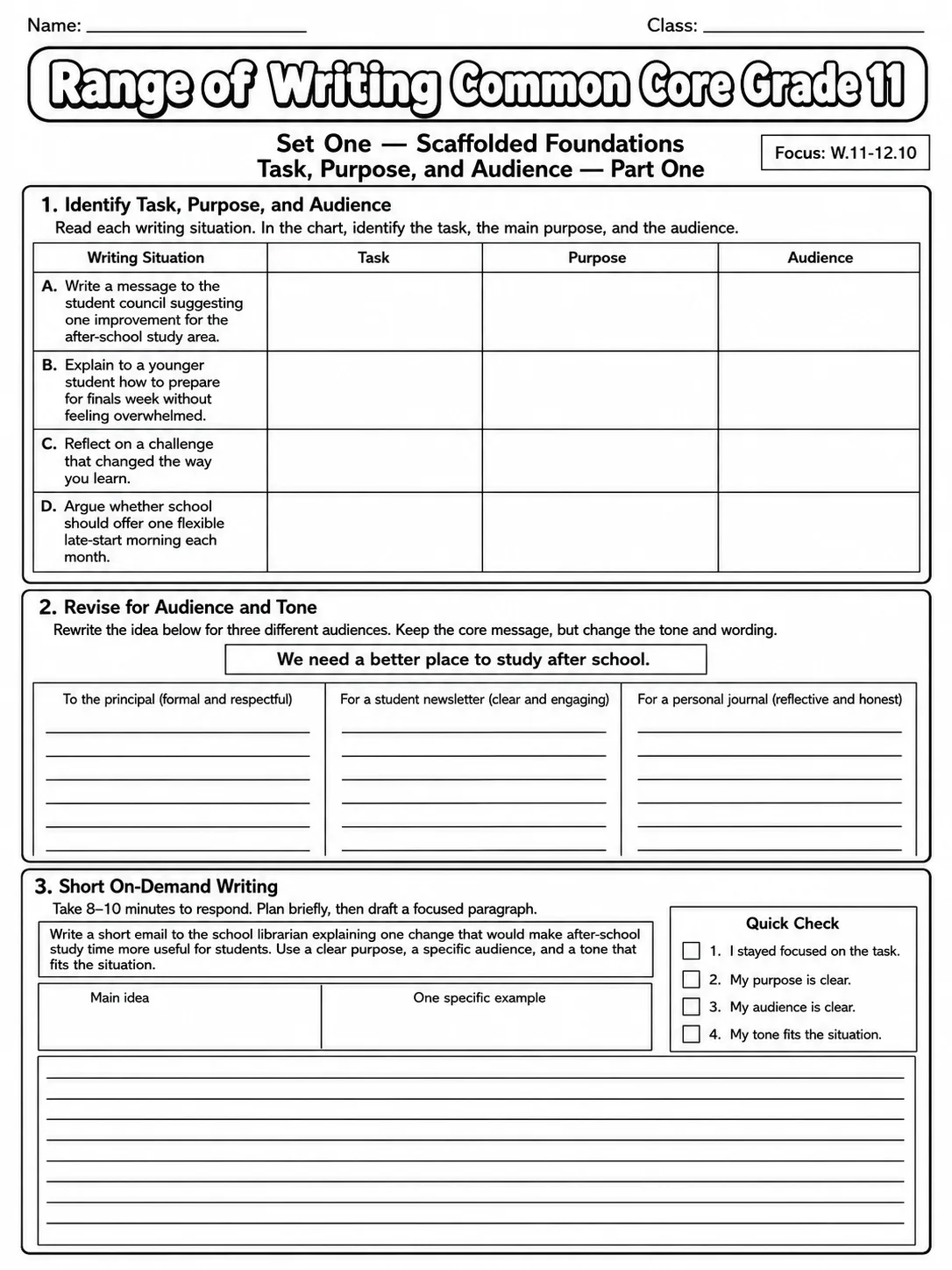Range of Writing Common Core Grade 11 printable Common Core ELA Grade 11 worksheet preview from KiwiBee