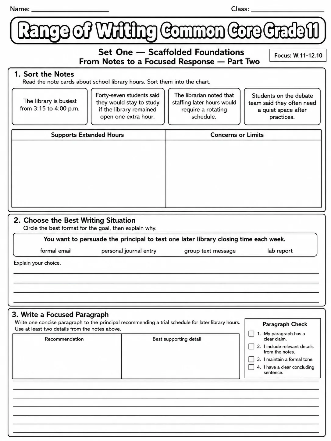 Range of Writing Common Core Grade 11 page 2 printable Common Core ELA worksheet preview