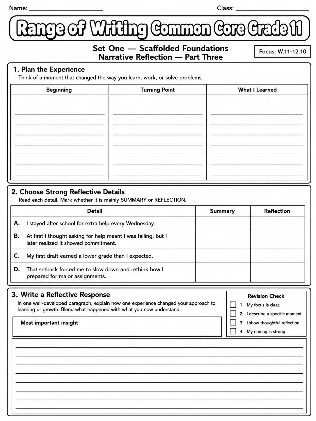Range of Writing Common Core Grade 11 page 3 printable Common Core ELA worksheet preview