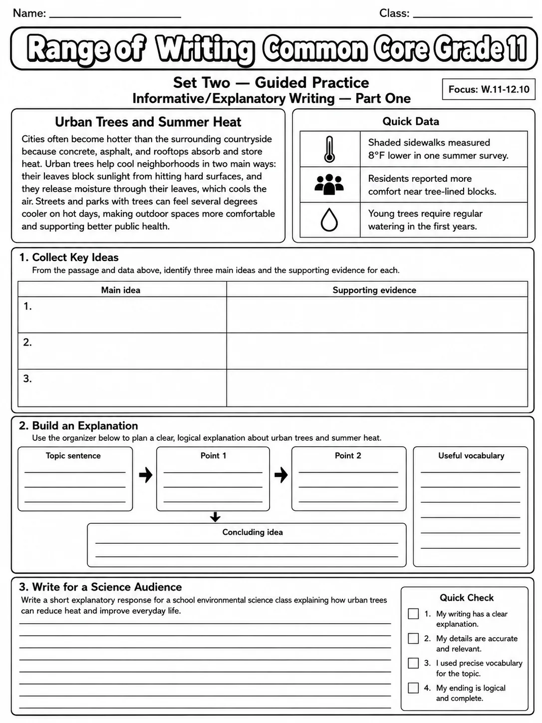 Range of Writing Common Core Grade 11 page 4 printable Common Core ELA worksheet preview