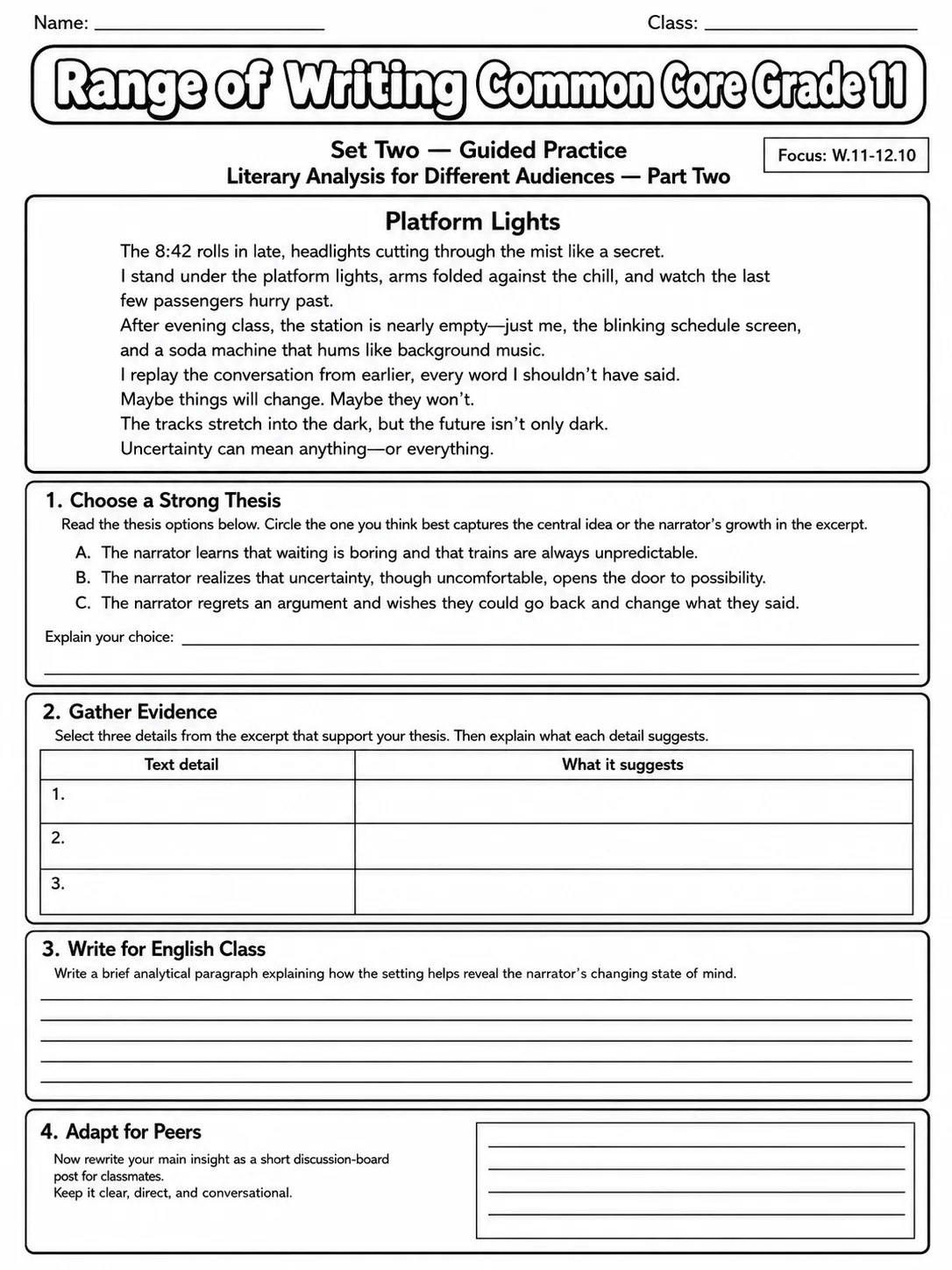 Range of Writing Common Core Grade 11 page 5 printable Common Core ELA worksheet preview