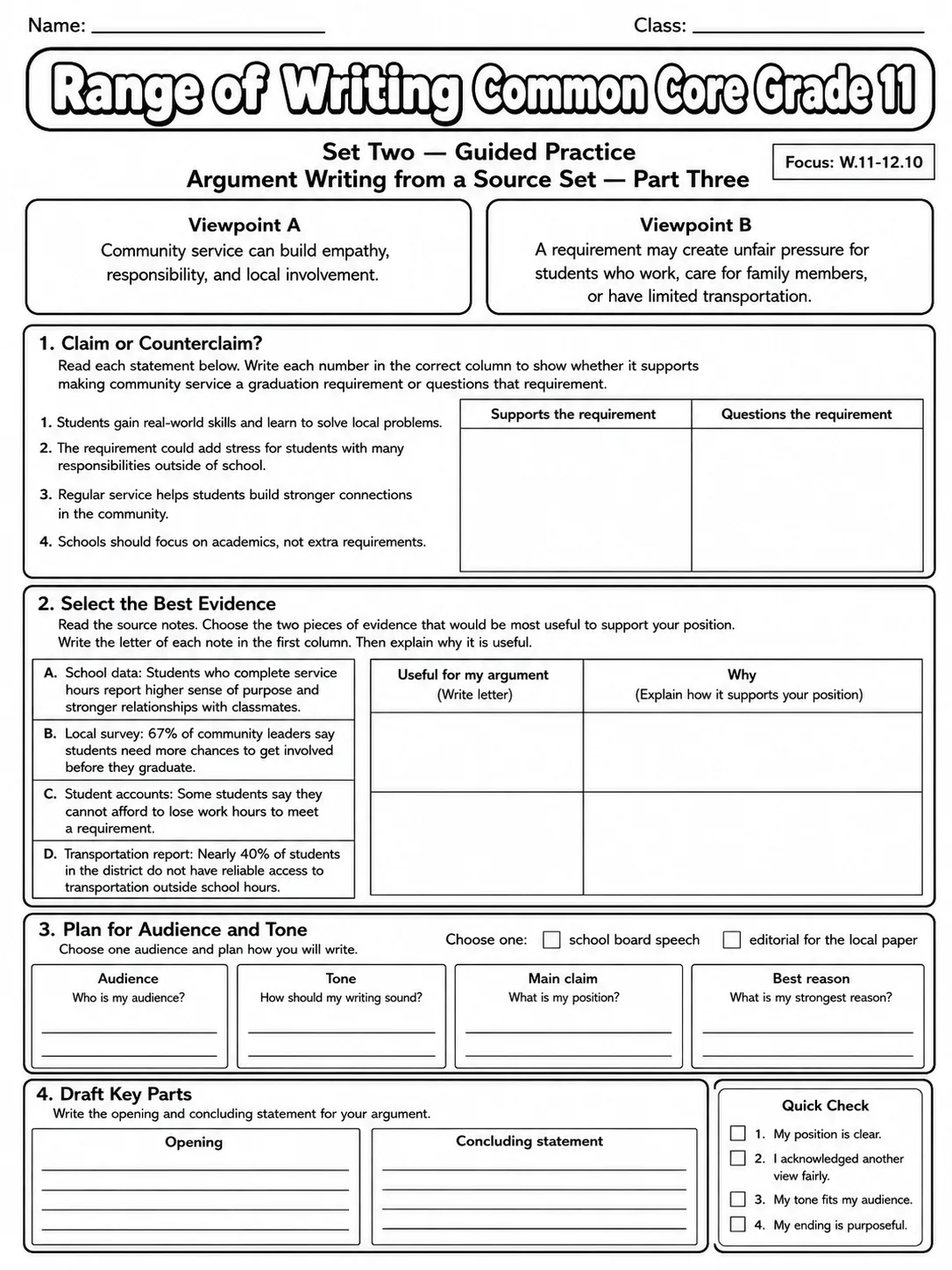 Range of Writing Common Core Grade 11 page 6 printable Common Core ELA worksheet preview