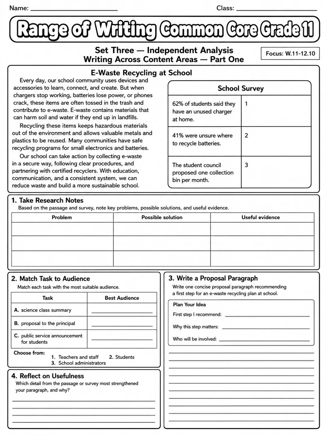 Range of Writing Common Core Grade 11 page 7 printable Common Core ELA worksheet preview