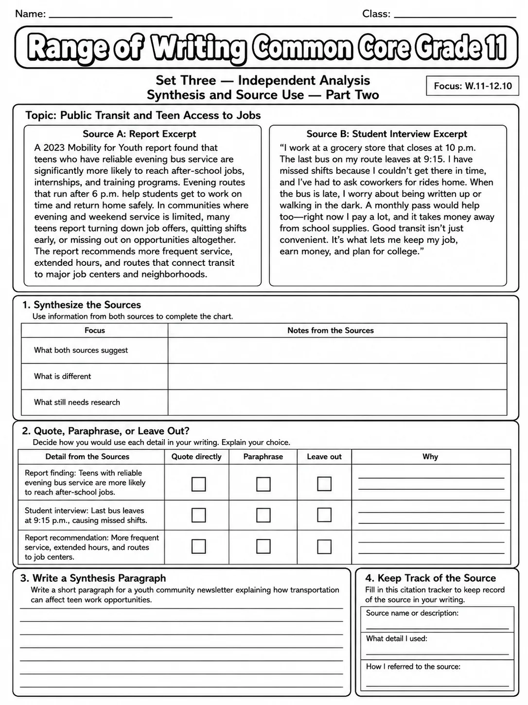 Range of Writing Common Core Grade 11 page 8 printable Common Core ELA worksheet preview