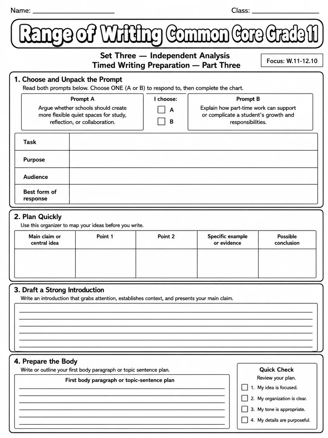 Range of Writing Common Core Grade 11 page 9 printable Common Core ELA worksheet preview