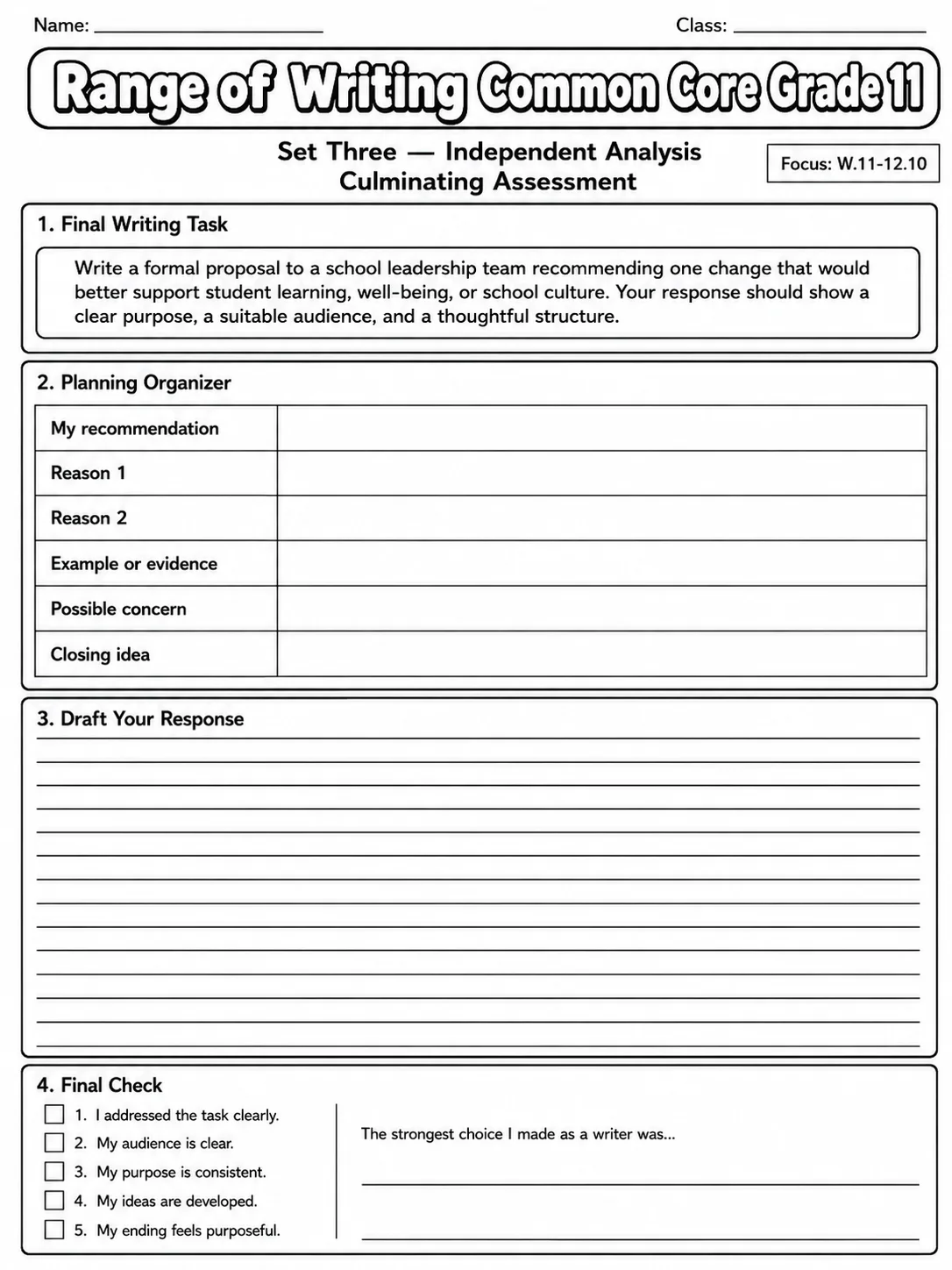 Range of Writing Common Core Grade 11 page 10 printable Common Core ELA worksheet preview